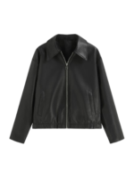 Faux Leather Collar Long Sleeve Zip Through Jacket