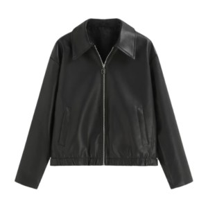 Faux Leather Collar Long Sleeve Zip Through Jacket