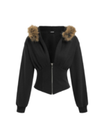 TERRY FAUX FUR TRIM CORSET HOODIE HALF ZIP
