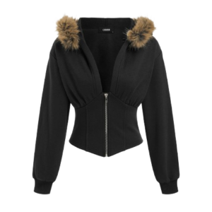 TERRY FAUX FUR TRIM CORSET HOODIE HALF ZIP