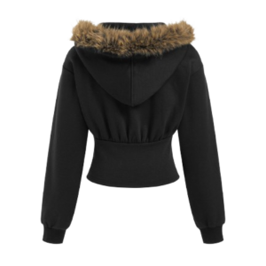 TERRY FAUX FUR TRIM CORSET HOODIE HALF ZIP