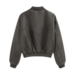 Faux Leather Stand Collar Zip Jacket Through Bomber