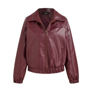 Faux Leather Collar Solid Pocket Zipper Jacket