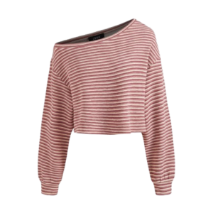 COTTON-BLEND ASYMMETRICAL NECK STRIPE CROP SWEATSHIRT