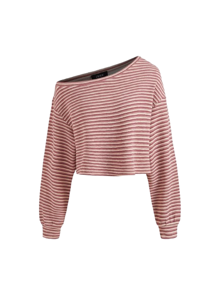 COTTON-BLEND ASYMMETRICAL NECK STRIPE CROP SWEATSHIRT COTTON-BLEND ASYMMETRICAL NECK STRIPE CROP SWEATSHIRT