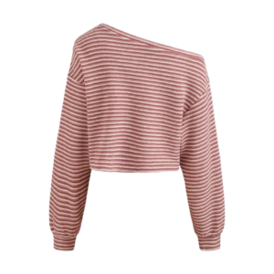 COTTON-BLEND ASYMMETRICAL NECK STRIPE CROP SWEATSHIRT