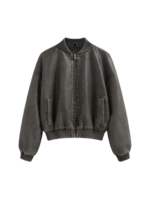 Faux Leather Stand Collar Zip Jacket Through Bomber