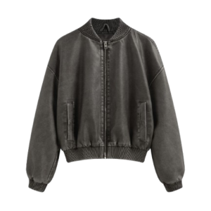 Faux Leather Stand Collar Zip Jacket Through Bomber